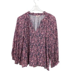 Faherty Women's Portia Top In Fiona Block Print Ruffle Neck‎ Long Sleeve Blouse